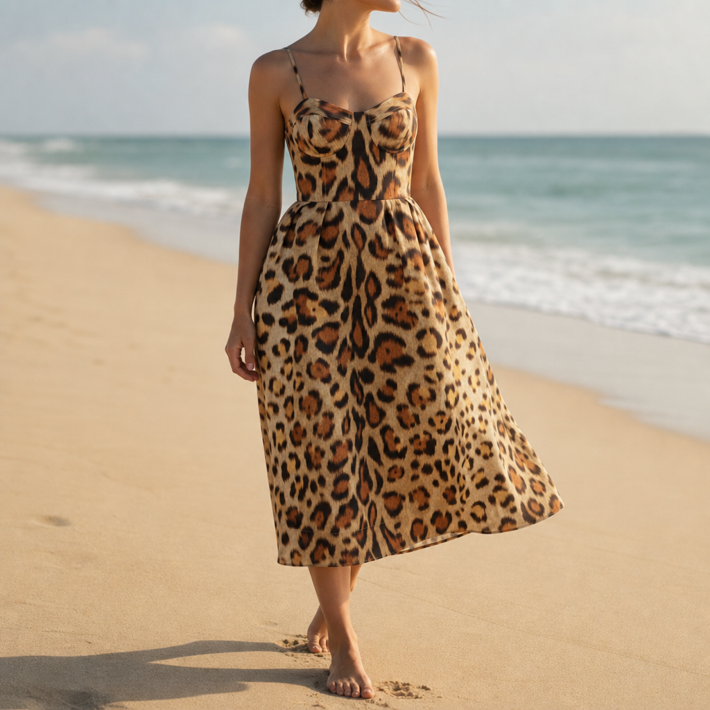 Ajaccio Leopard Bustier Midi Dress in Caramel Leopard