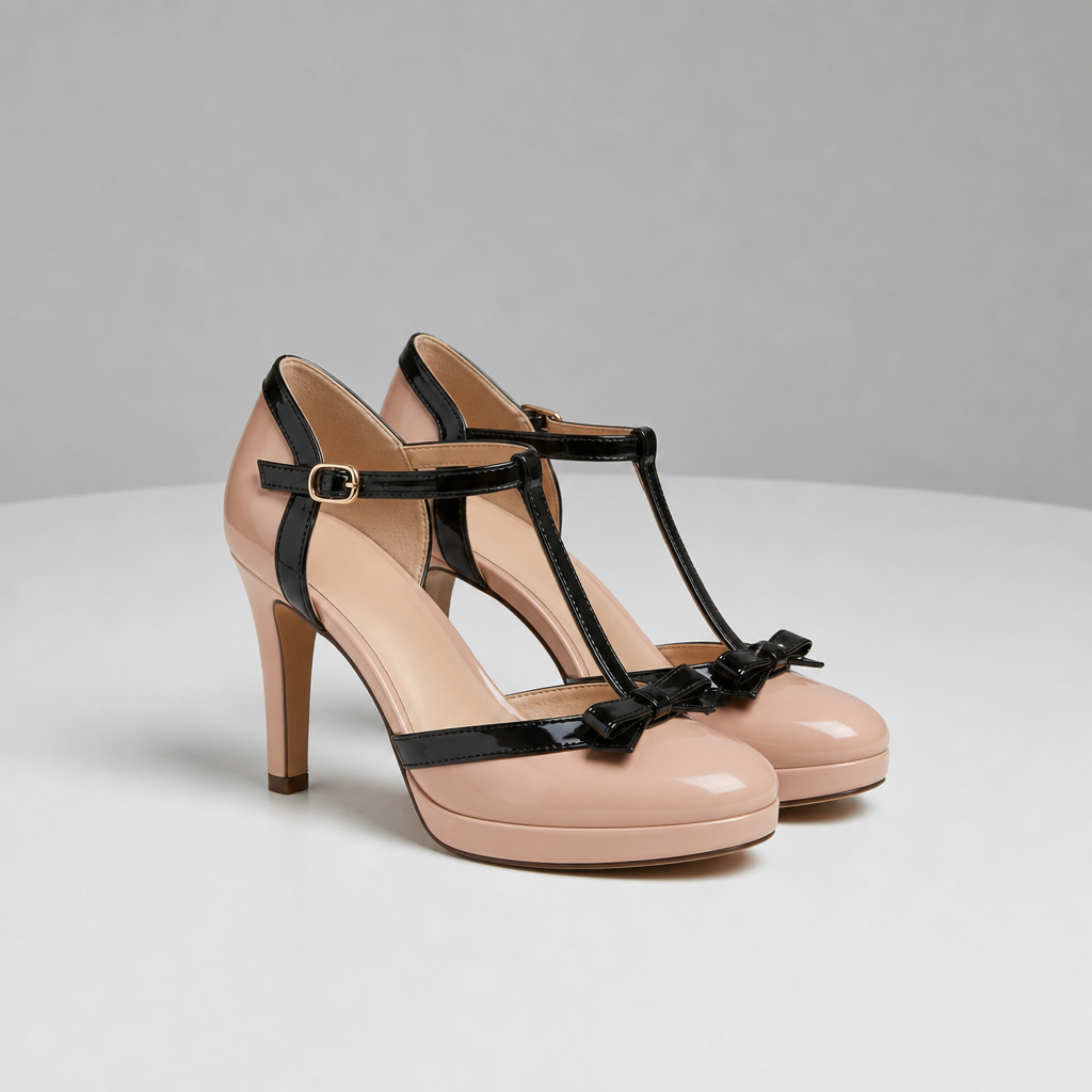 Samos Bow T-Strap Heels in Bella Pink