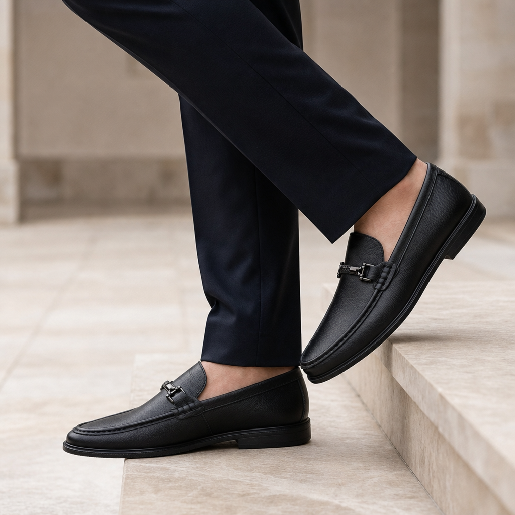 Almeria Metal Bit Leather Loafers in Black