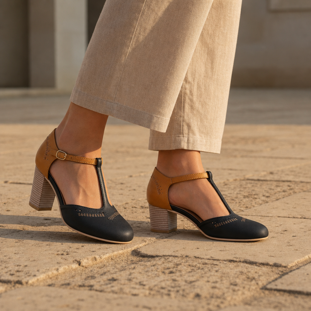 Guimaraes Two-Tone T-Strap Pumps in Black