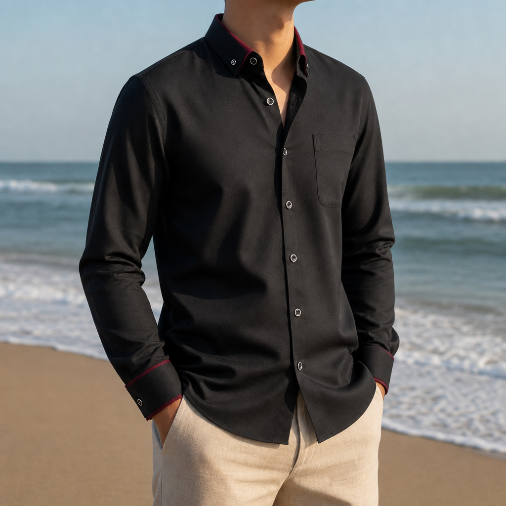 Sesimbra Contrast Collar Dress Shirt in Black