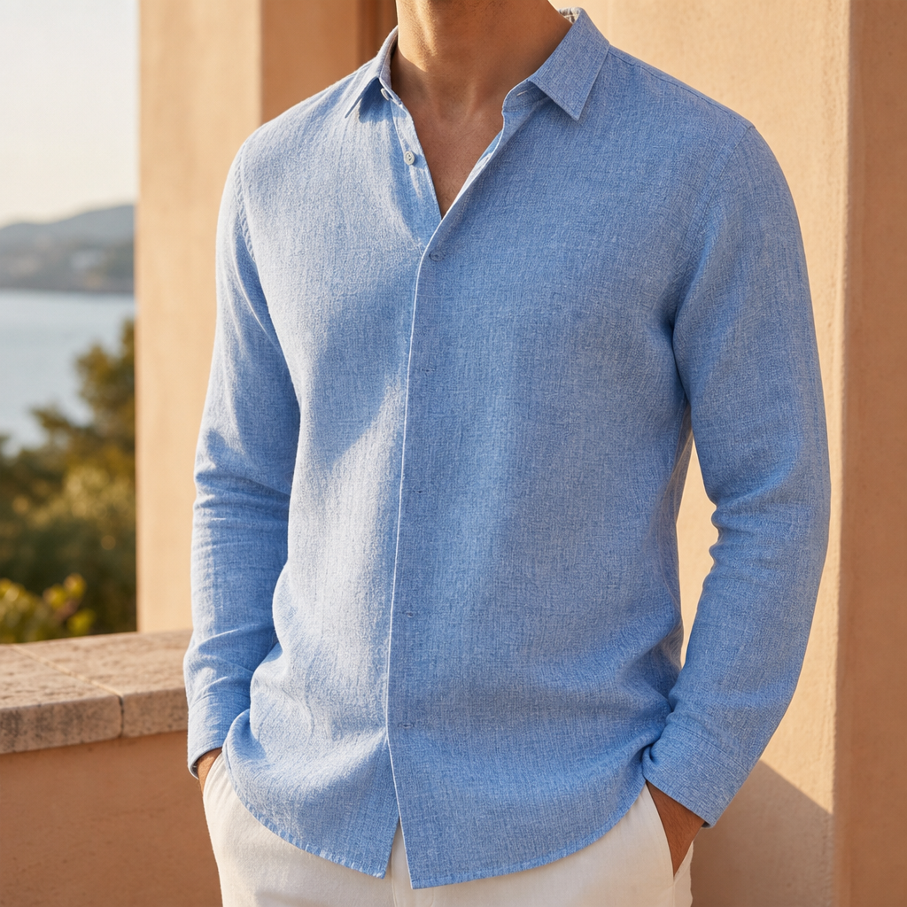 Menton Linen Button-Up Shirt in Powder Blue