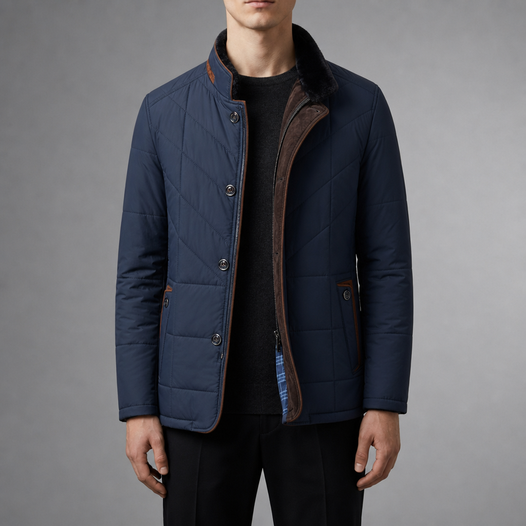 Evora Quilted Fur Collar Jacket in Blue