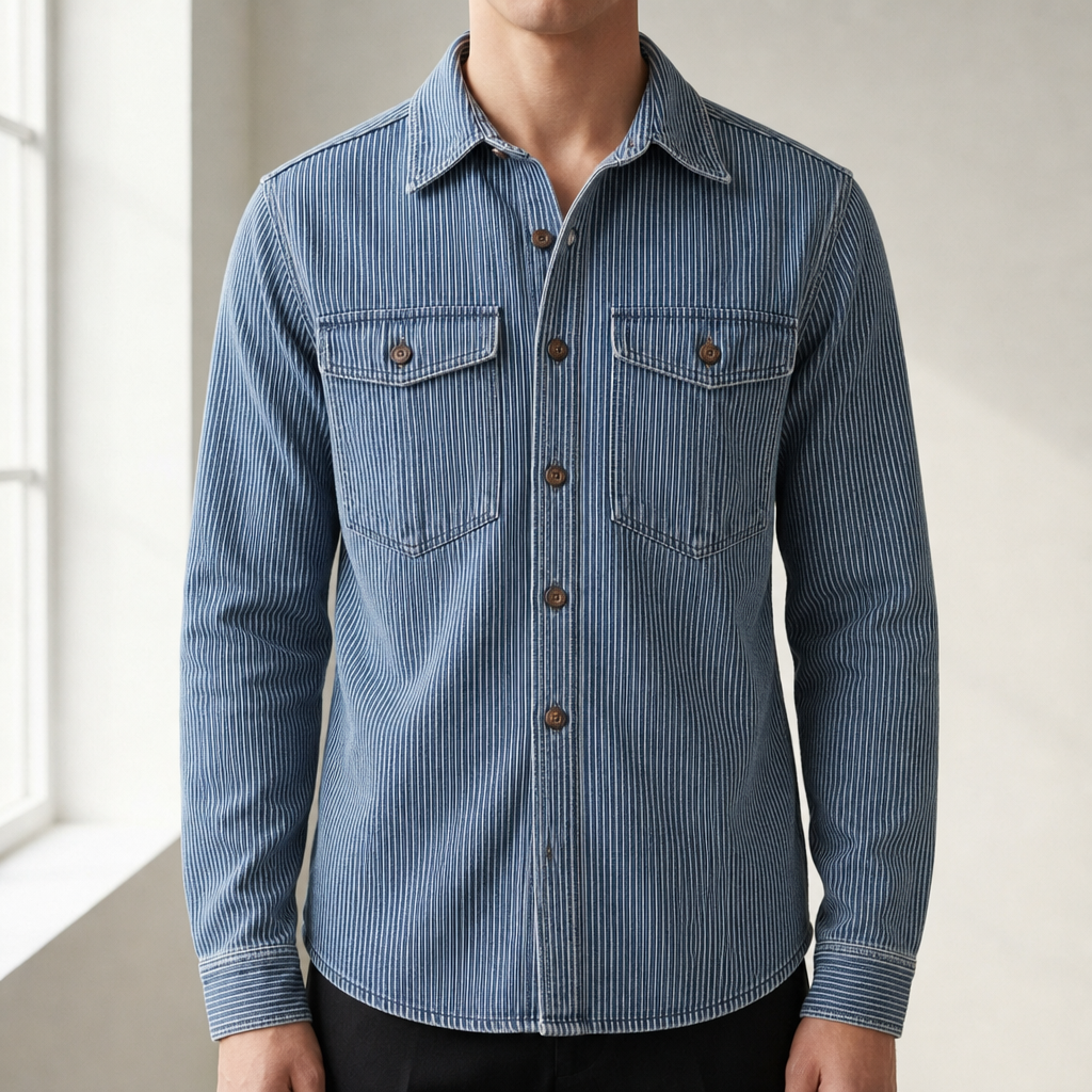 Ikaria Striped Vintage Denim Shirt in Indigo Blue