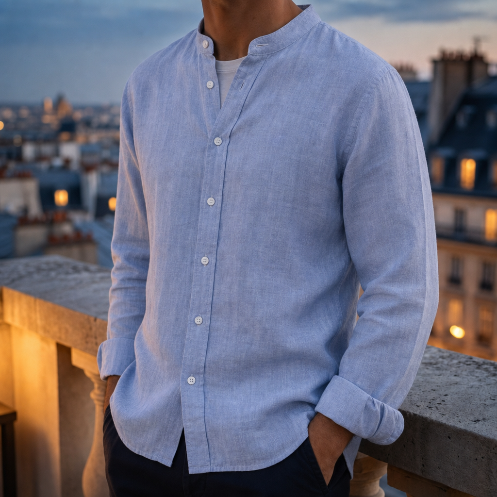 Folegandros Linen Band Collar Shirt in Blue