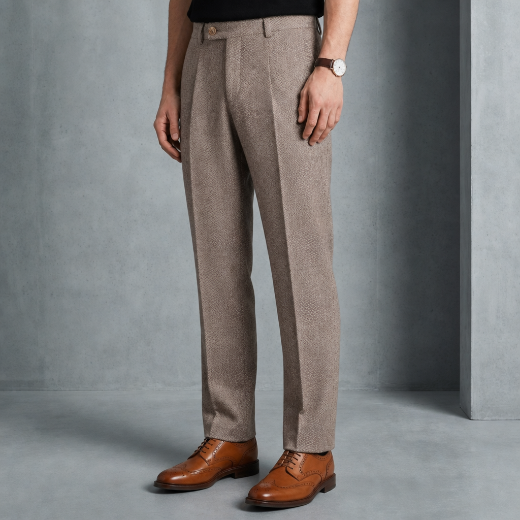 Toledo Herringbone Wool Trousers in Taupe Brown