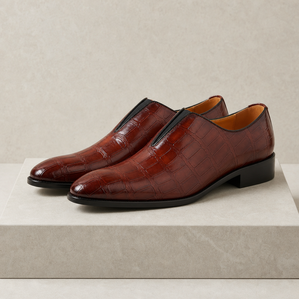 Sibenik Croc Embossed Leather Loafers in Brown