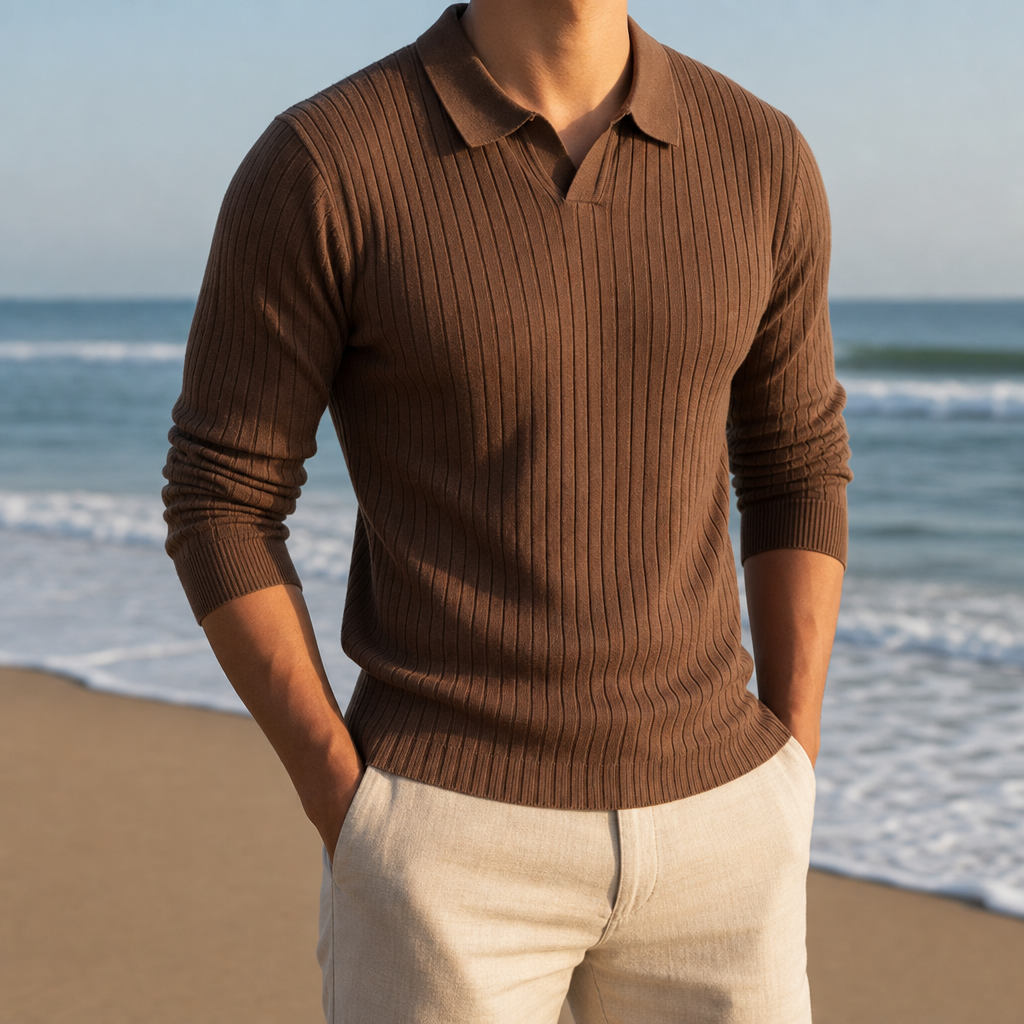 Corte Ribbed Knit Polo in Brown