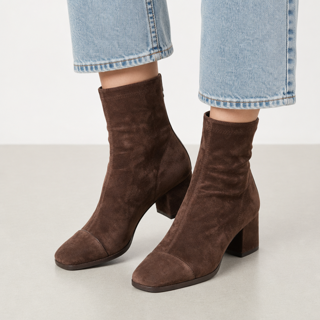Javea Suede Block Heel Boots in Brown