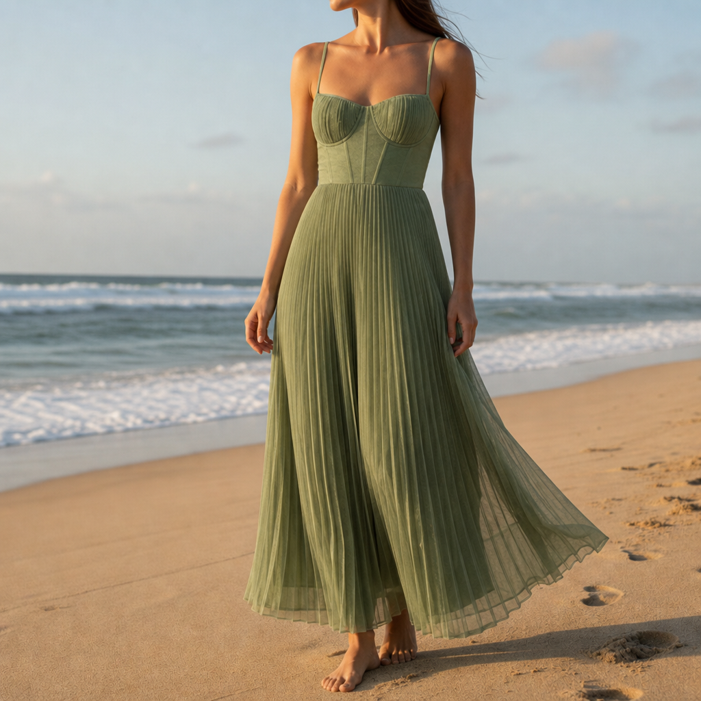 Mdina Pleated Tulle Bustier Dress in Green