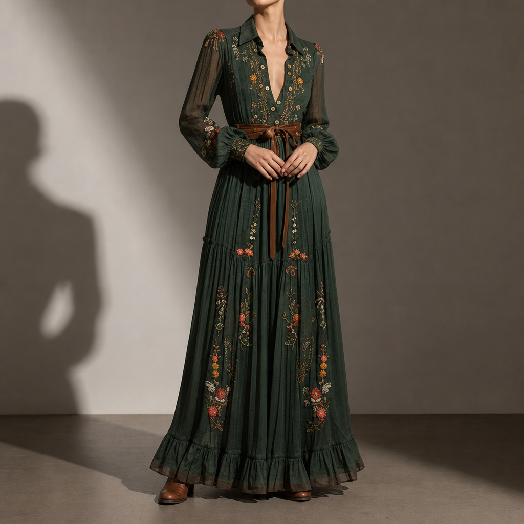Thassos Embroidered Boho Maxi Dress in Green