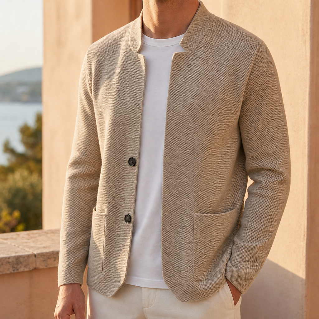 Kos Stand Collar Knit Cardigan in Khaki