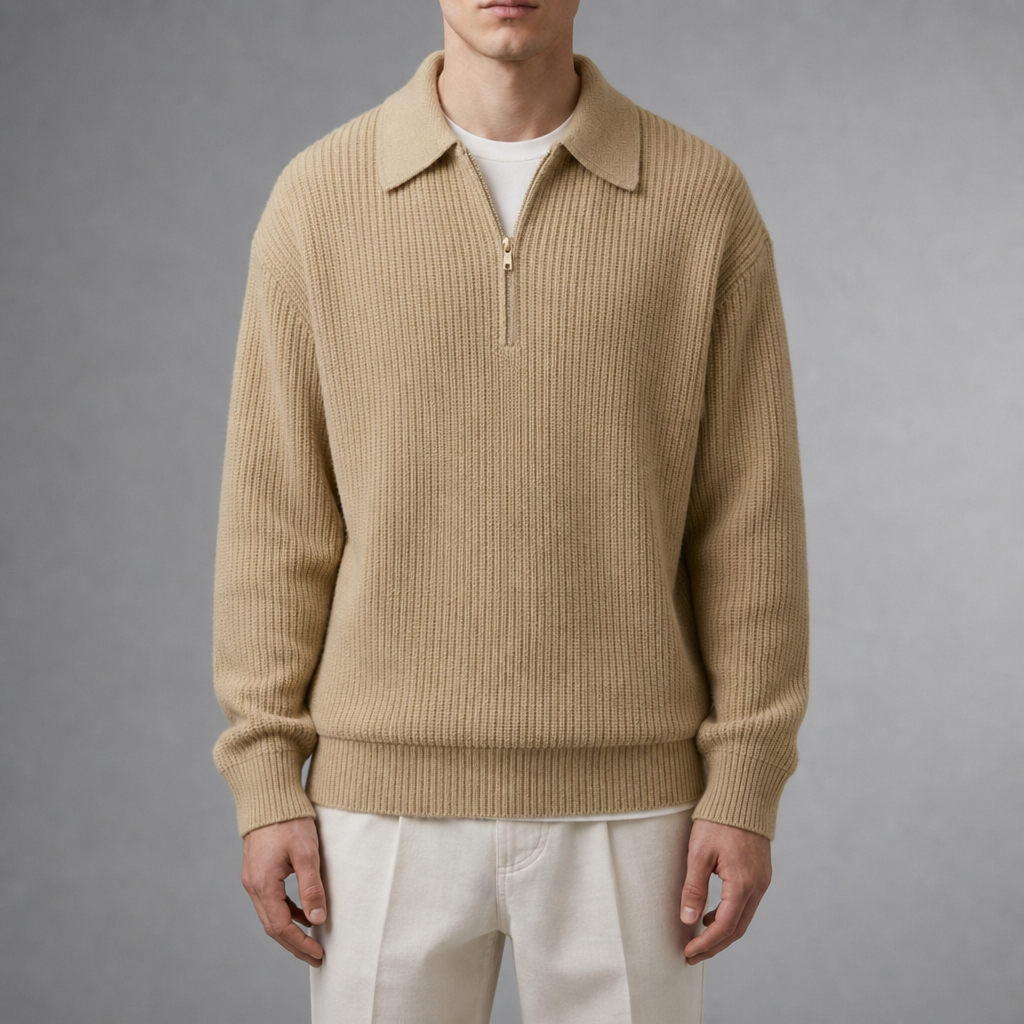 Urbino Quarter Zip Polo Sweater in Khaki