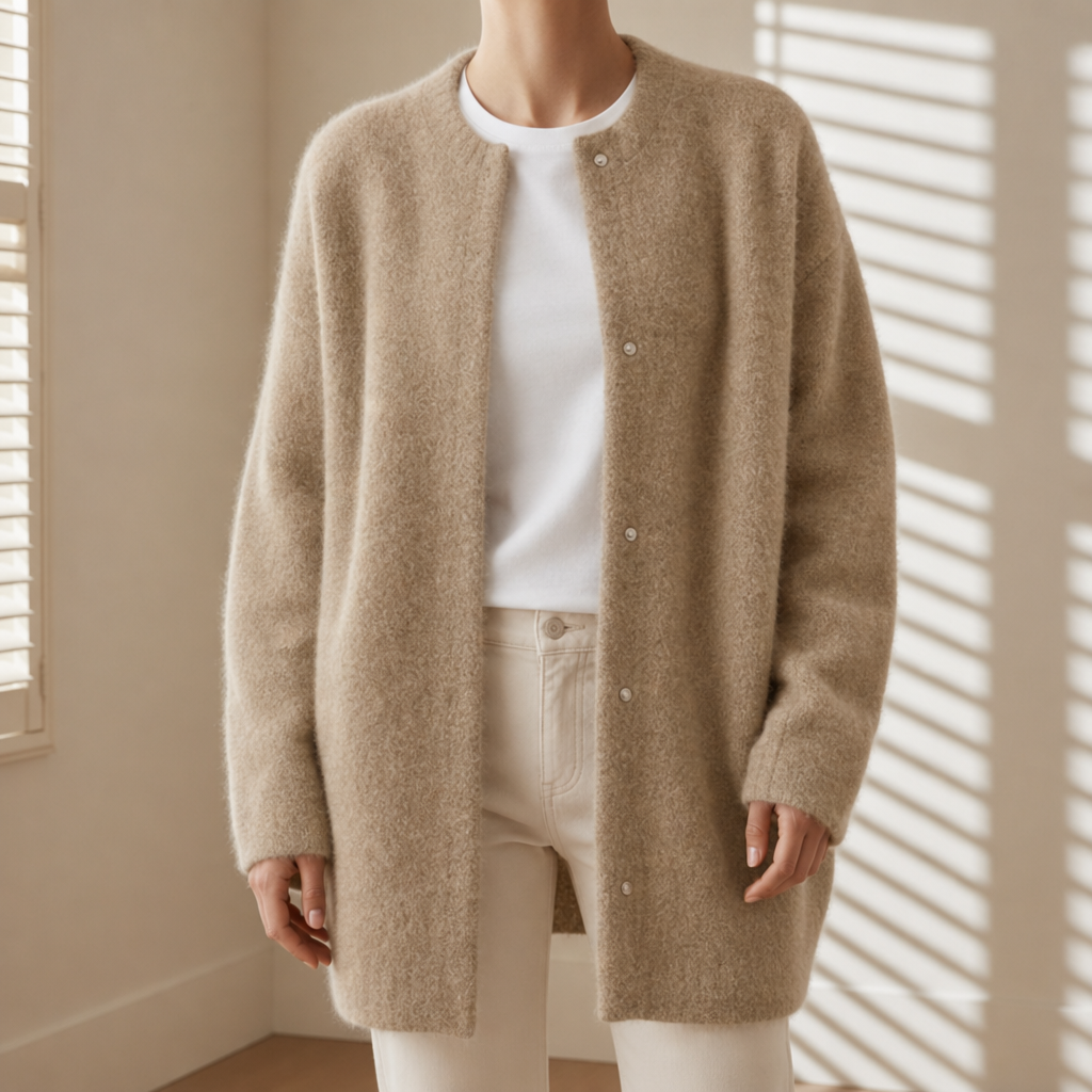 Rapallo Fluffy Longline Cardigan in Khaki