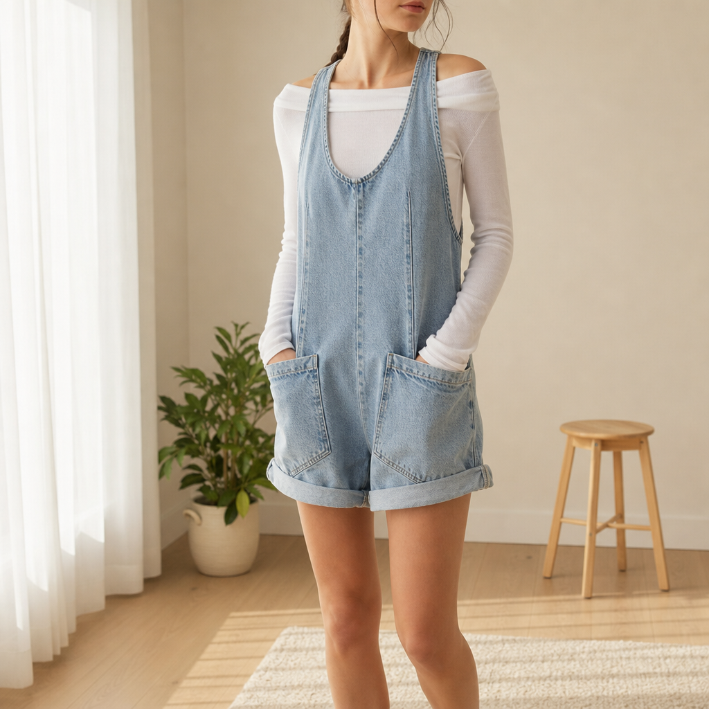 Portovenere Sleeveless Denim Romper in Light Blue