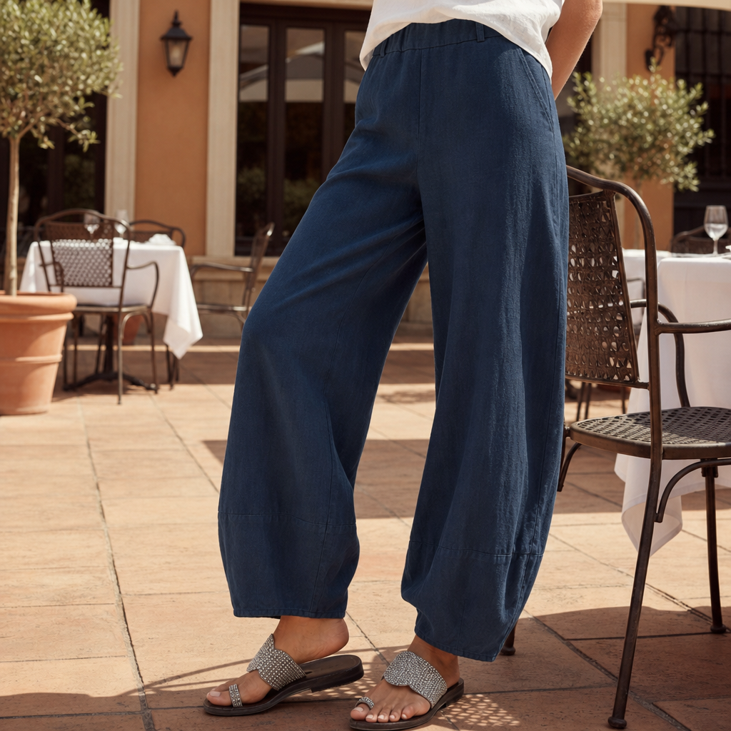 Kardamyli Linen Harem Pants in Navy Blue