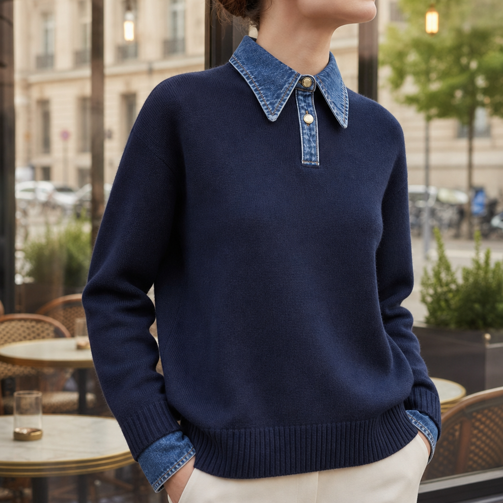Volterra Denim Collar Knit Sweater in Navy