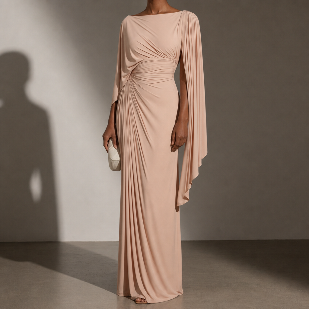 Menerbes Pleated Cape Maxi Dress in Peach