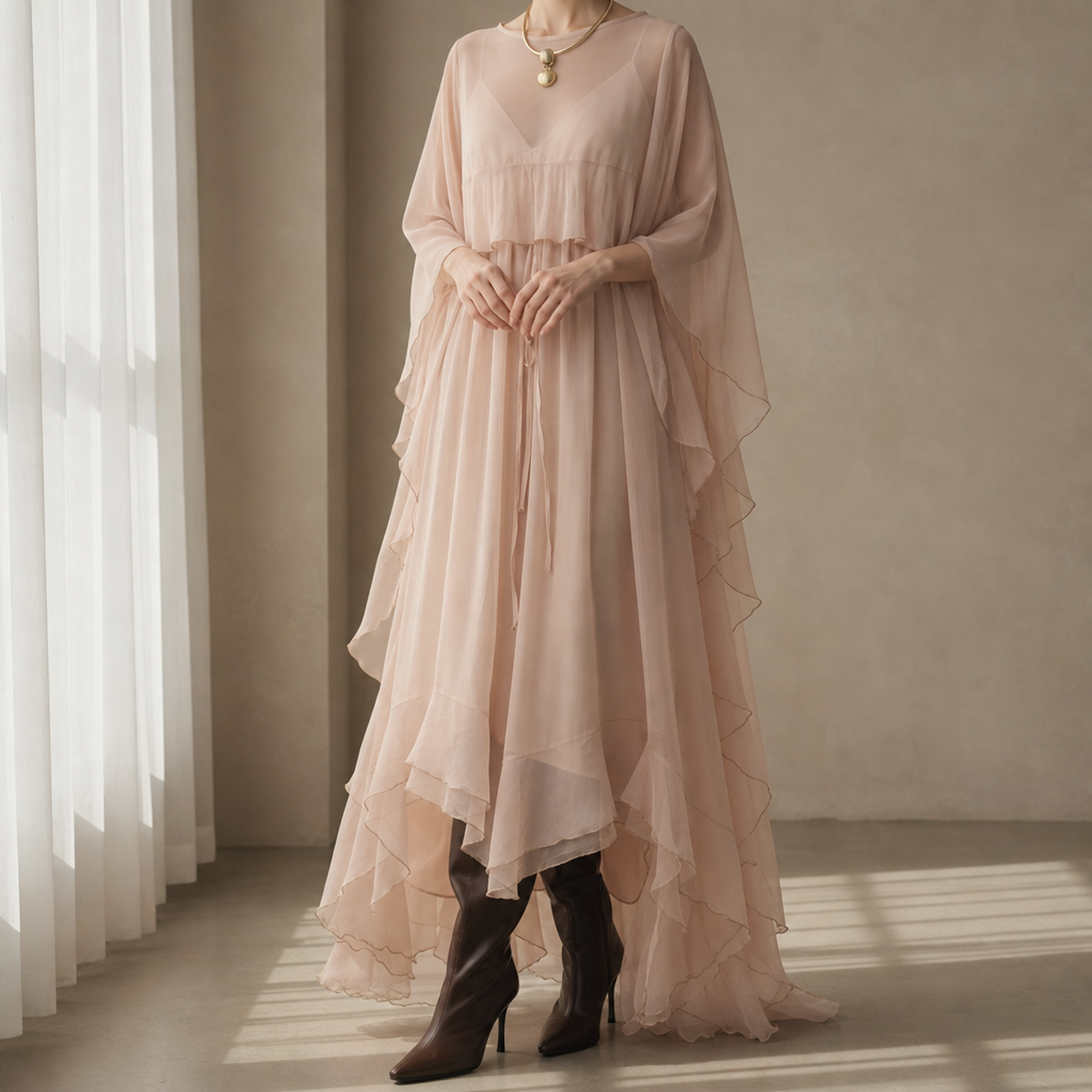Alonnisos Chiffon Cape Maxi Dress in Pink