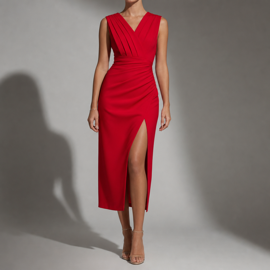 Lucca Ruched V-Neck Midi Dress in Red