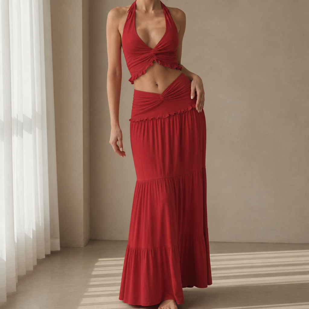 Mougins Halter Ruffle Two-Piece Set in Red