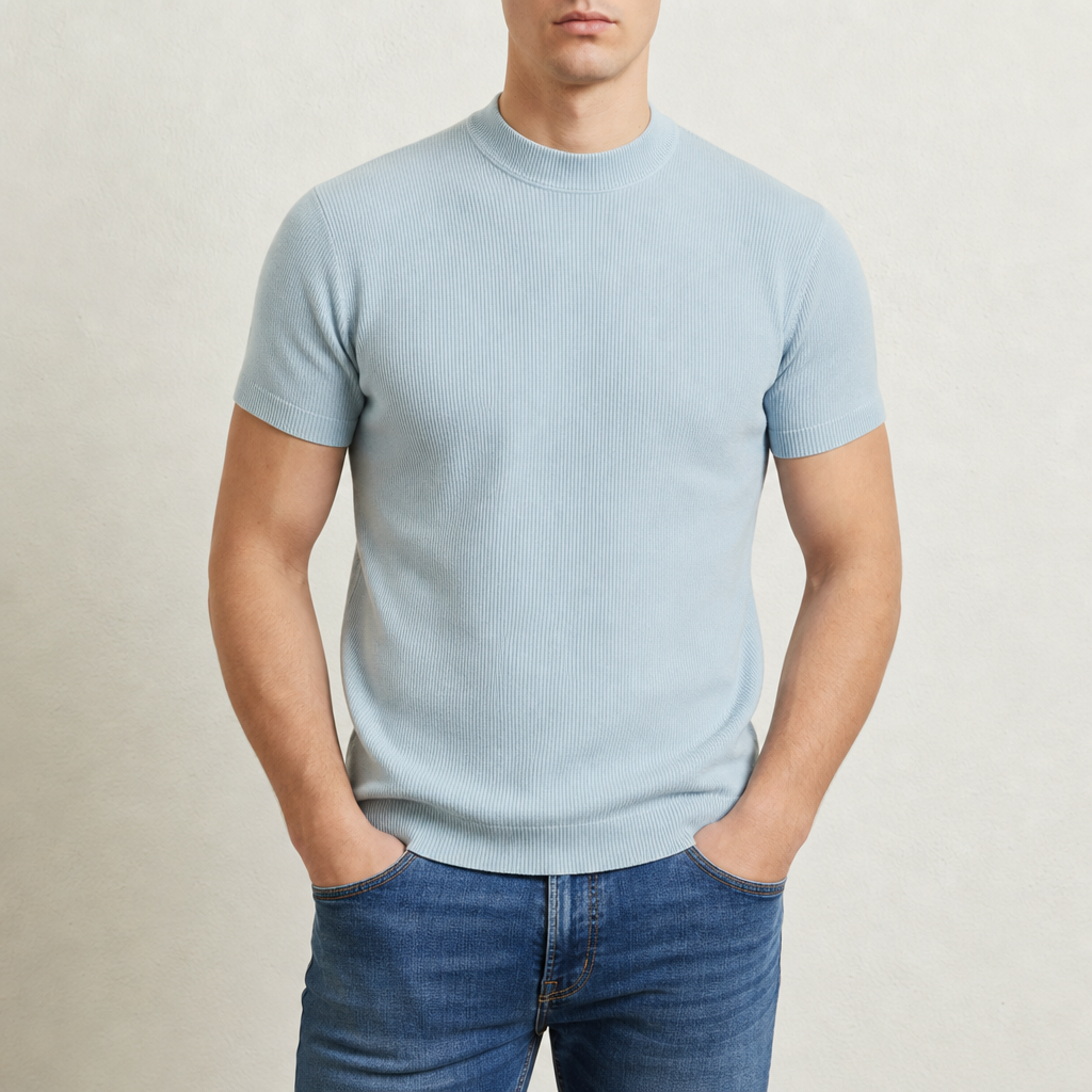 Gozo Ribbed Mock Neck Tee in Sky Blue