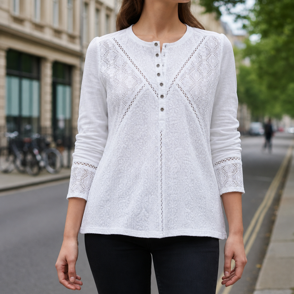 Aveiro Lace Panel Henley Top in White