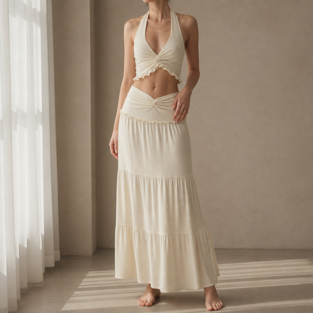 Mougins Halter Ruffle Two-Piece Set in Apricot