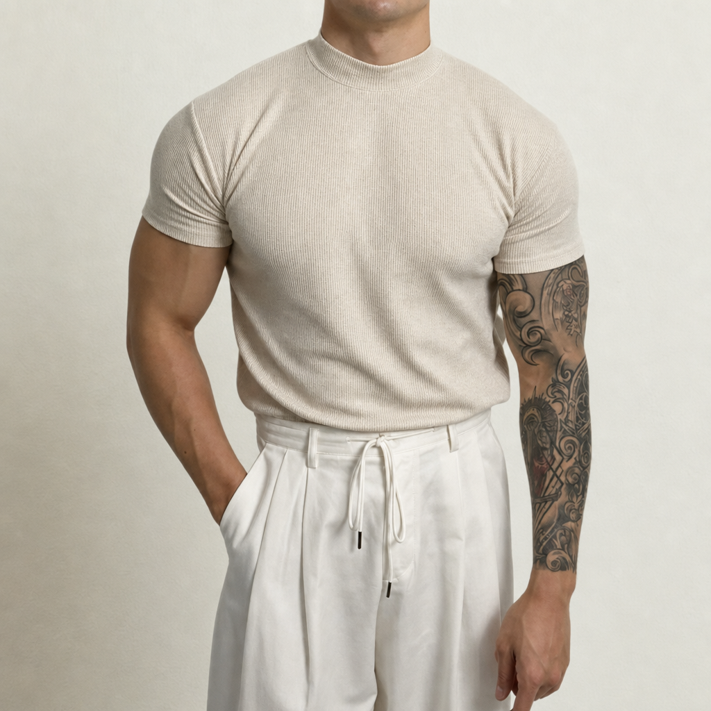Gozo Ribbed Mock Neck Tee in Apricot