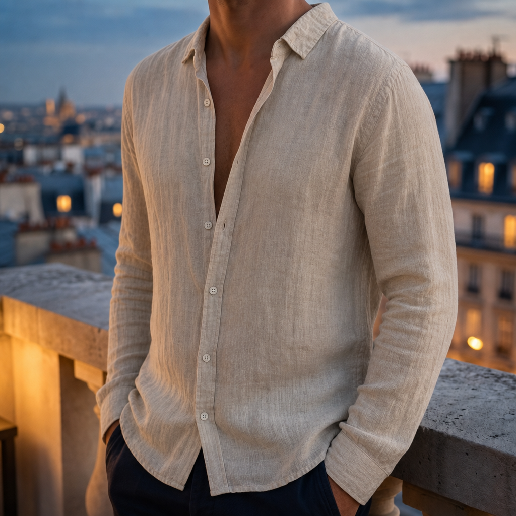 Syros Linen Open Collar Shirt in Beige