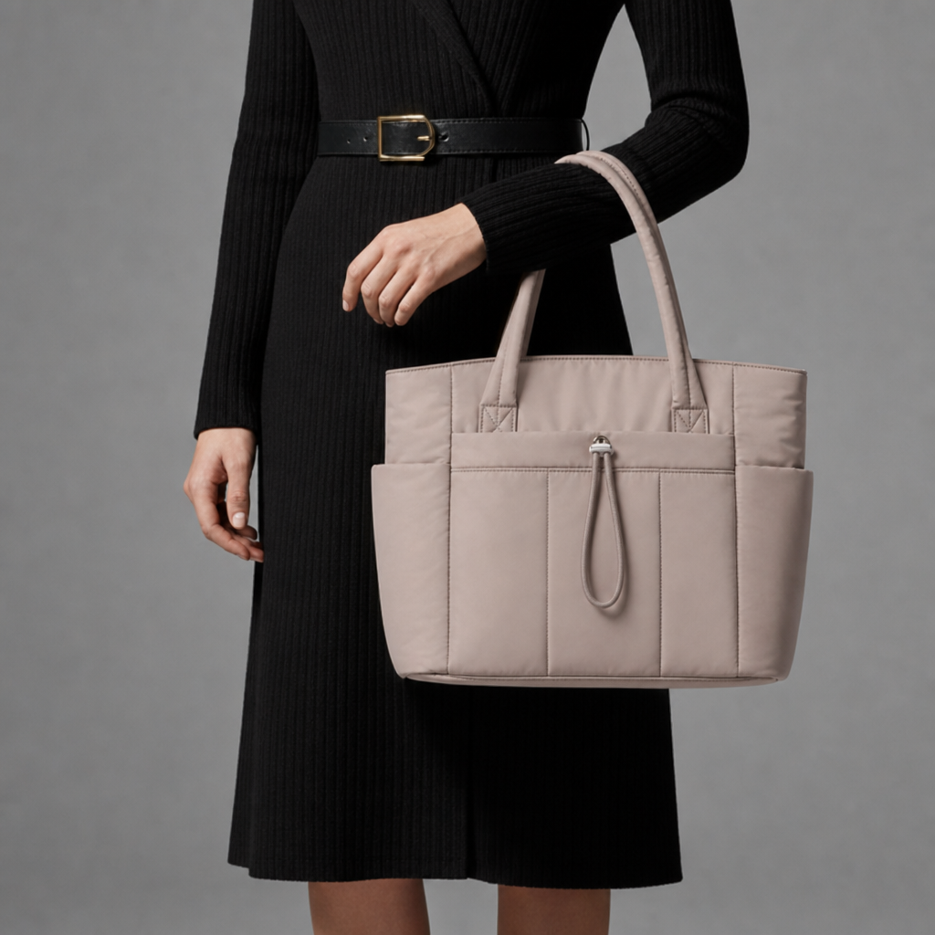 Trani Quilted Puffer Tote in Beige