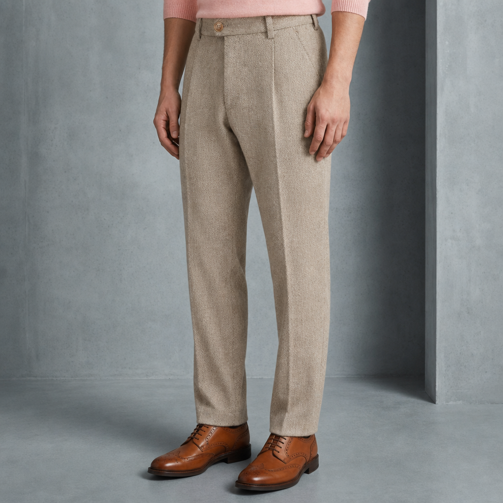 Toledo Herringbone Wool Trousers in Beige
