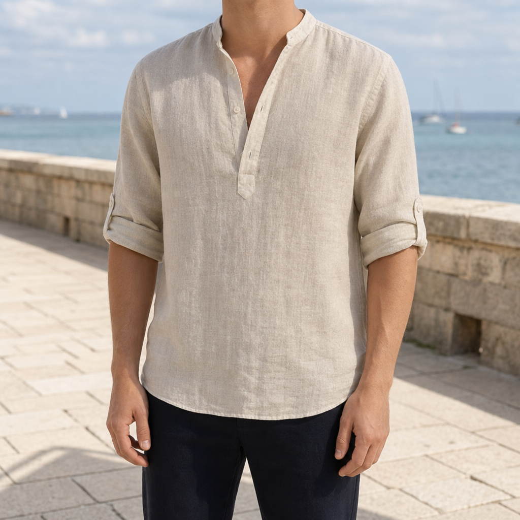 Sesimbra Linen Henley Shirt in Beige