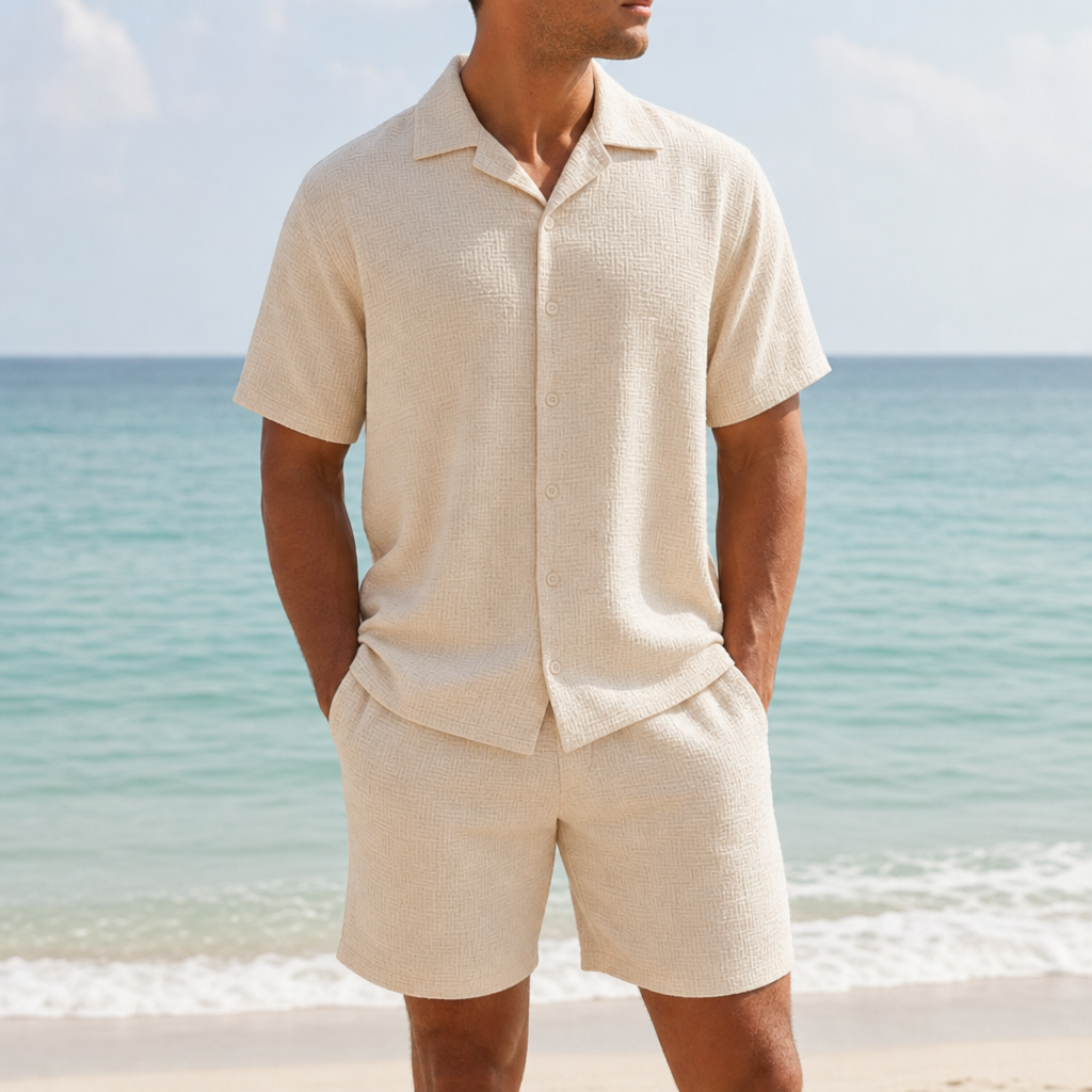 Porec Textured Matching Shorts Set in Beige