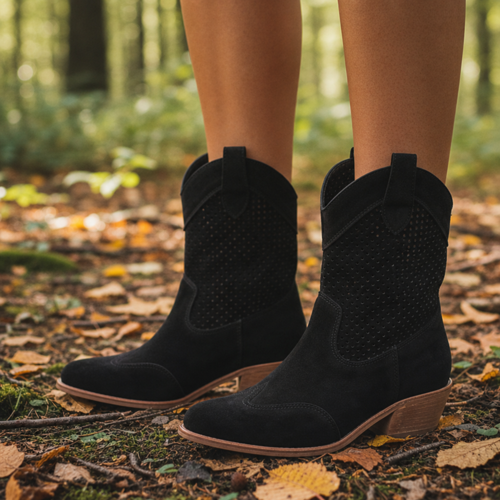 Cavtat Perforated Western Boots in Black