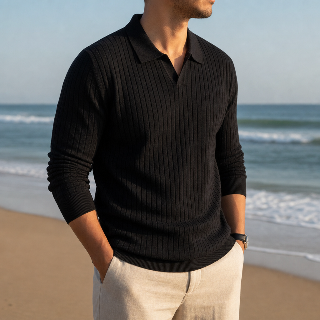 Corte Ribbed Knit Polo in Black