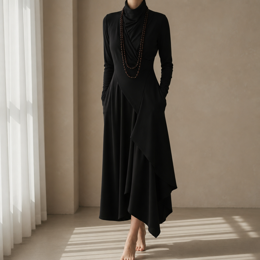 Opatija Draped Asymmetric Maxi Dress in Black