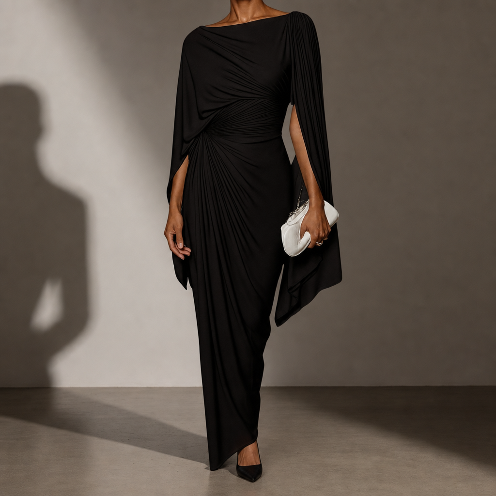 Menerbes Pleated Cape Maxi Dress in Black
