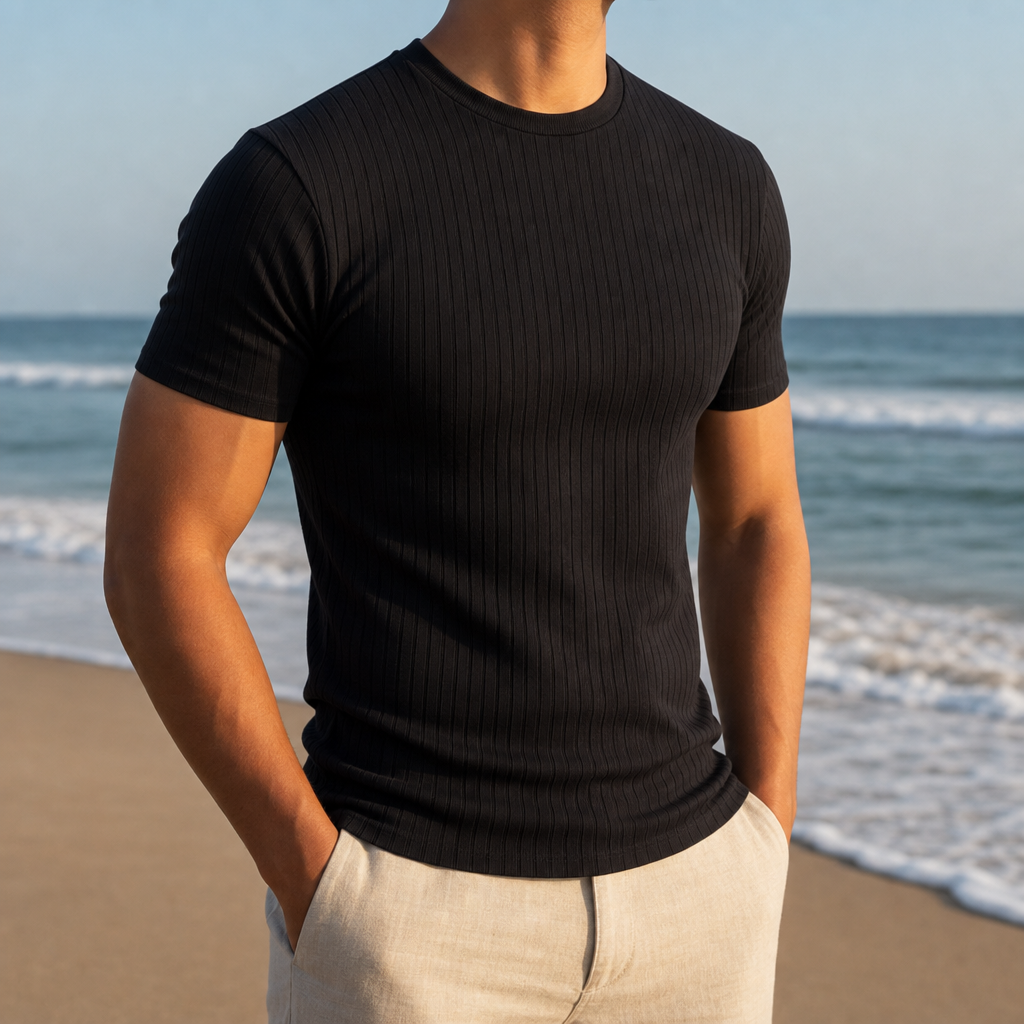 Sitia Ribbed Fitted T-Shirt in Black
