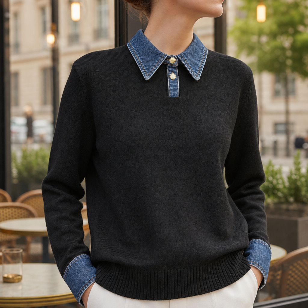 Volterra Denim Collar Knit Sweater in Black