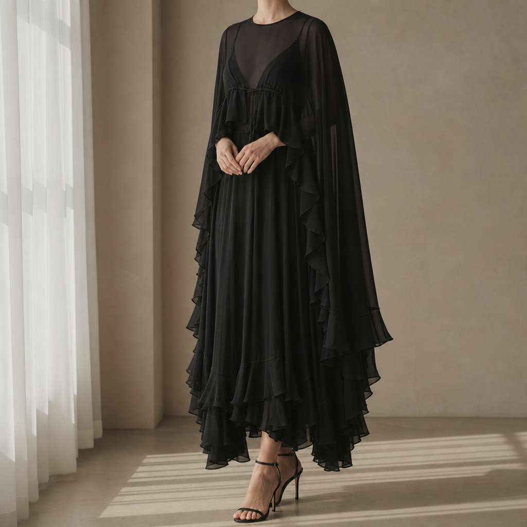 Alonnisos Chiffon Cape Maxi Dress in Black