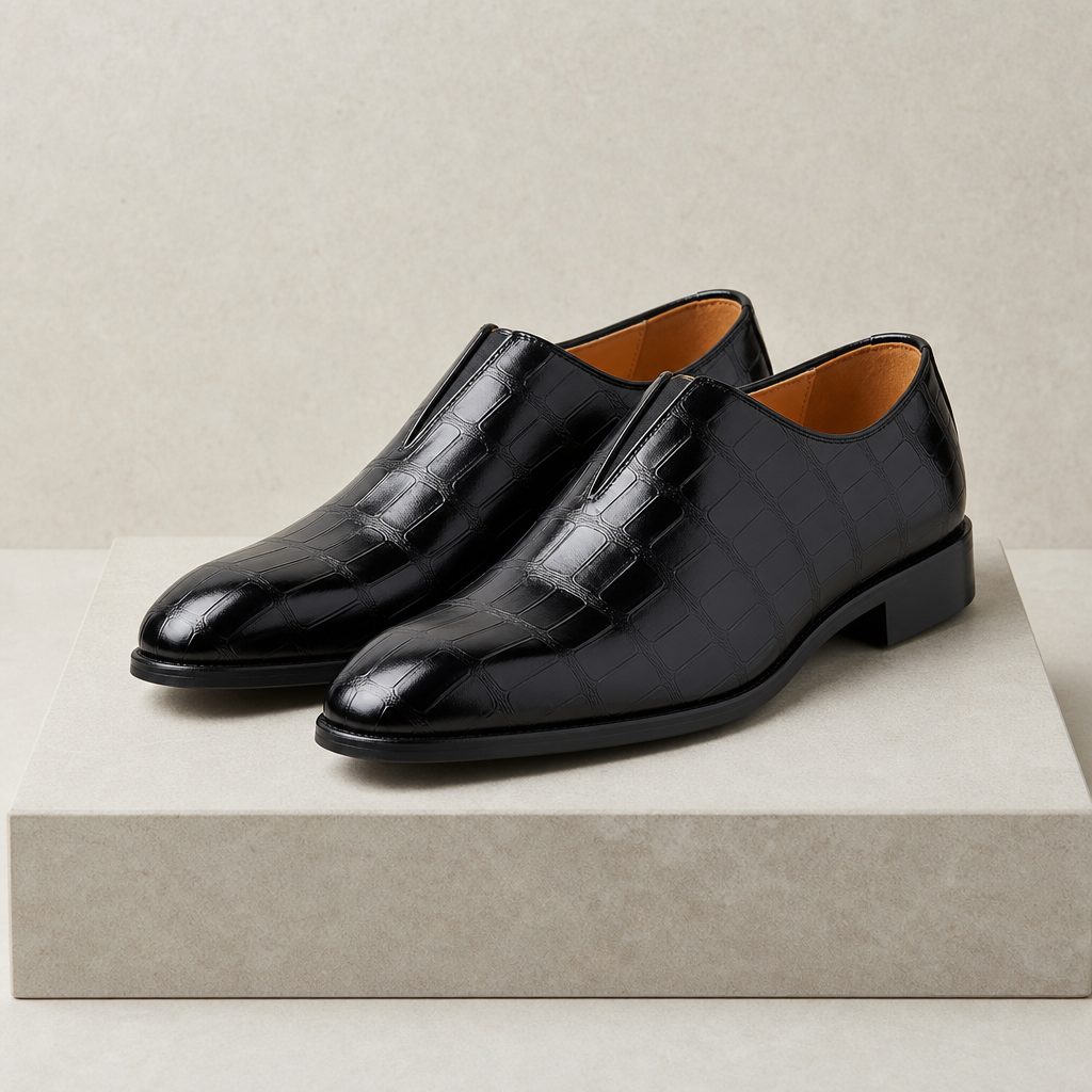 Sibenik Croc Embossed Leather Loafers in Black