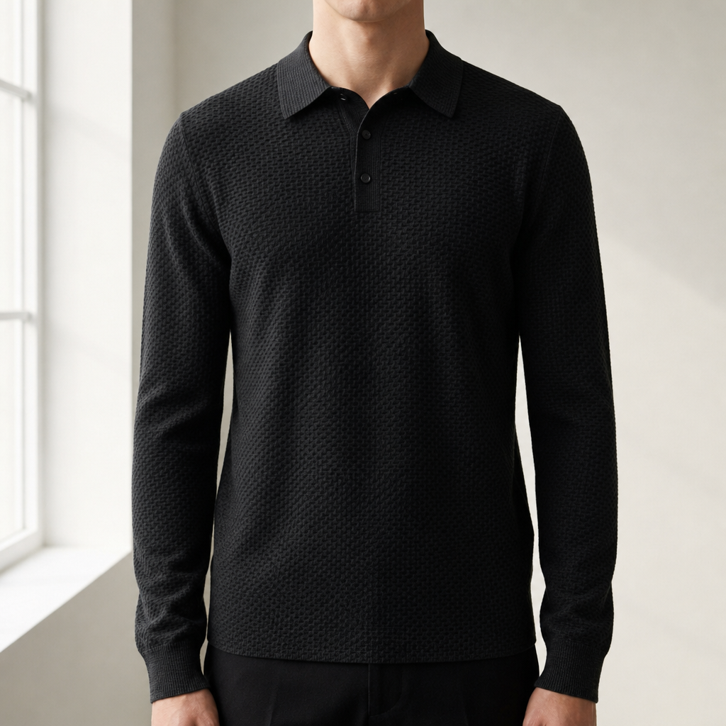 Tarragona Textured Knit Polo in Black