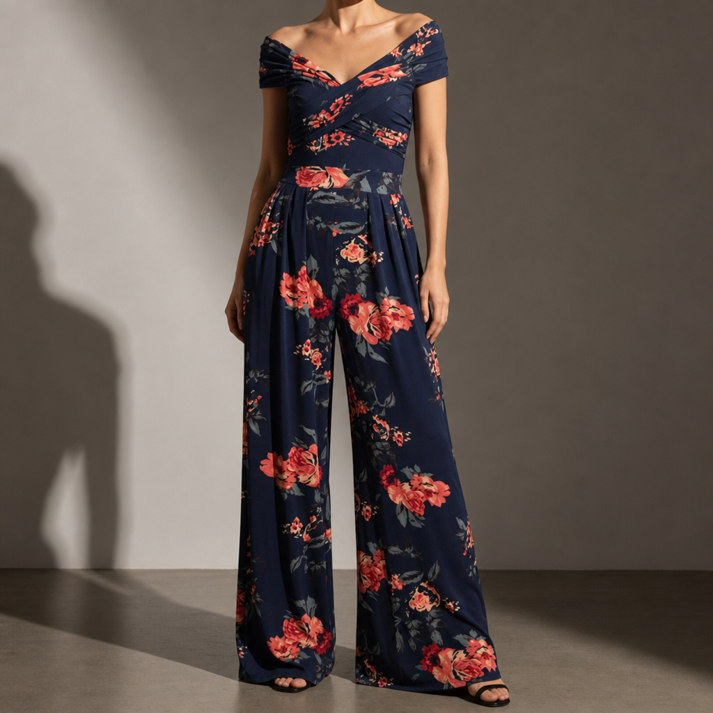 Lesvos Floral Wide-Leg Jumpsuit in Blue Red