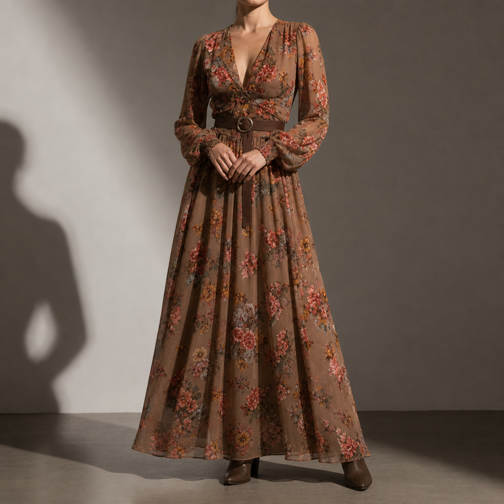 Thassos Embroidered Boho Maxi Dress in Brown
