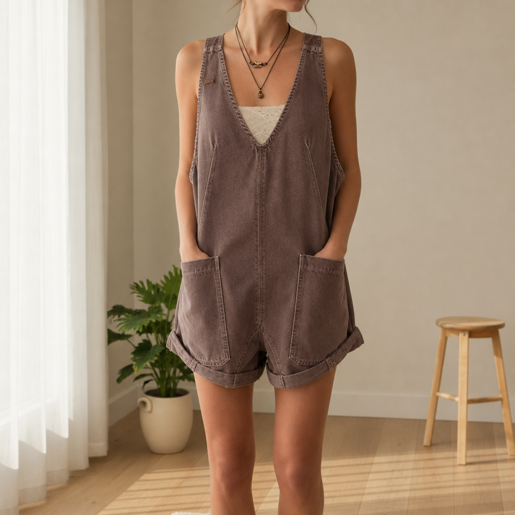 Portovenere Sleeveless Denim Romper in Brown