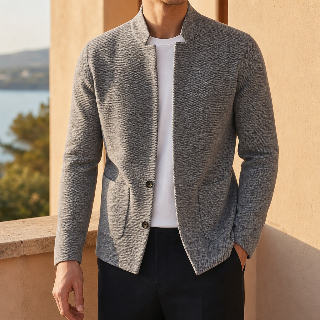 Kos Stand Collar Knit Cardigan in Gray