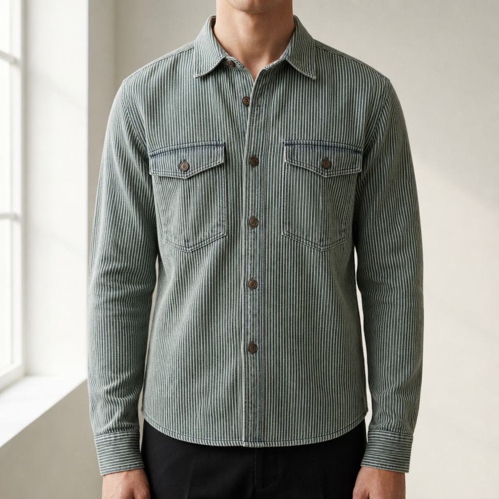 Ikaria Striped Vintage Denim Shirt in Charcoal Olive