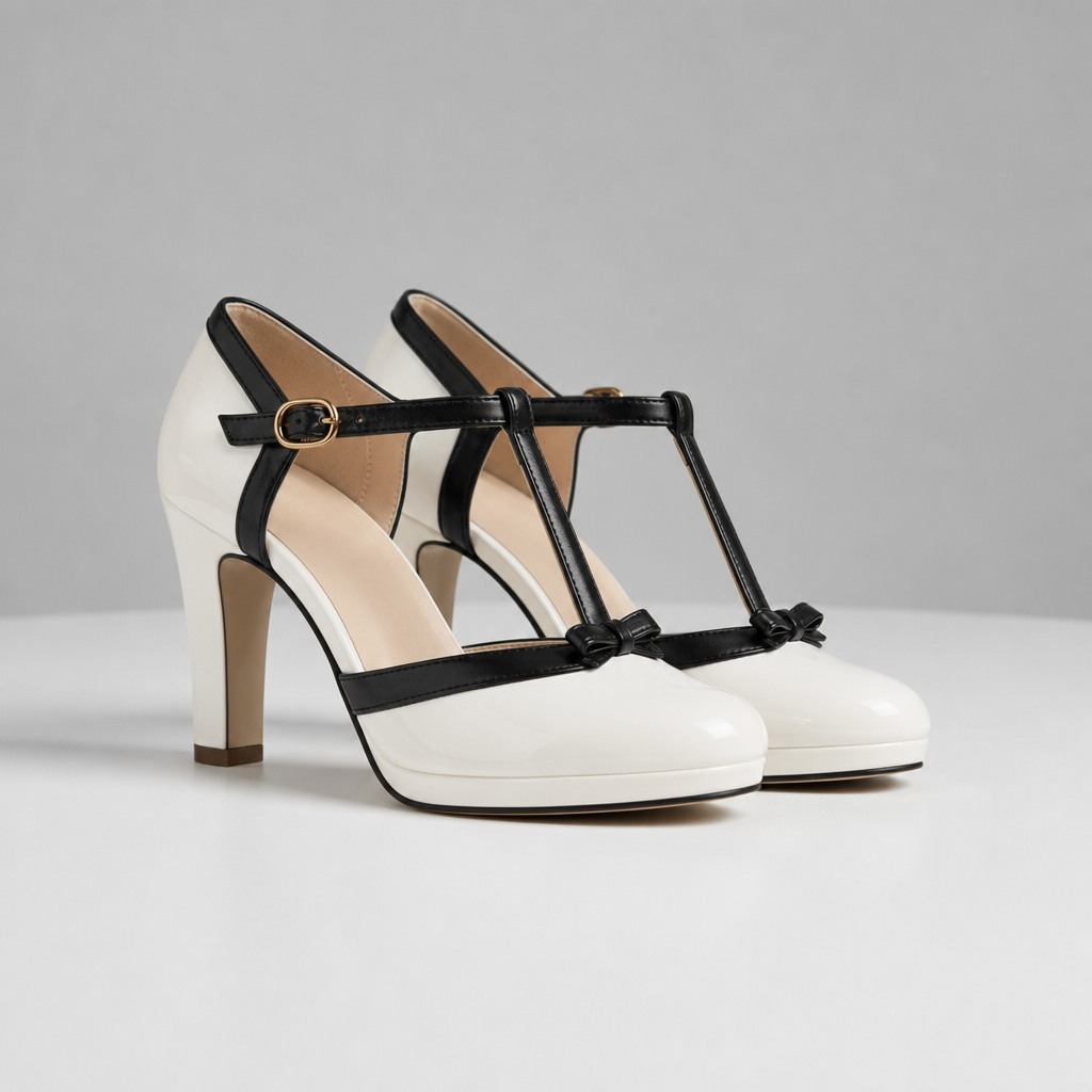 Samos Bow T-Strap Heels in Ivory White