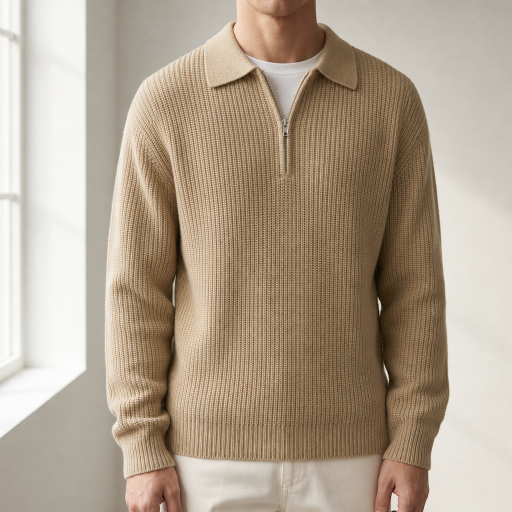Menton Quarter Zip Knit Sweater in Khaki